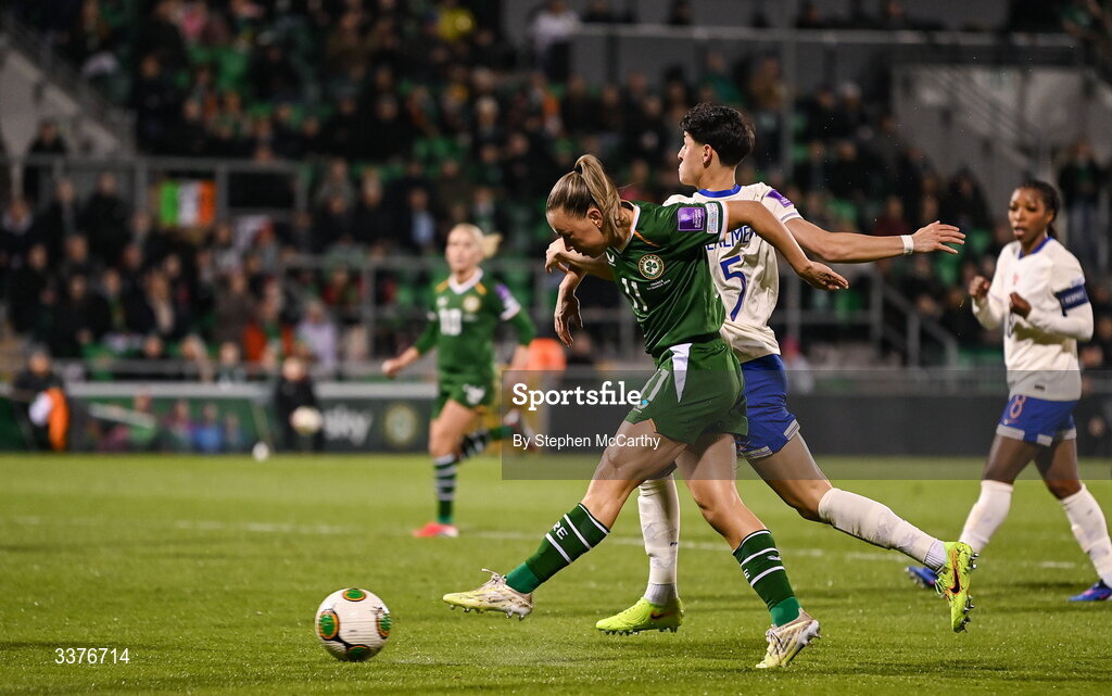 3 March 2026; Katie McCabe of Republic of Ireland shoots to score her side's first goal during the 2027 FIFA Women’s World Cup Qualifier match between Republic of Ireland and France at Tallaght Stadium in Dublin. Photo by Stephen McCarthy/Sportsfile