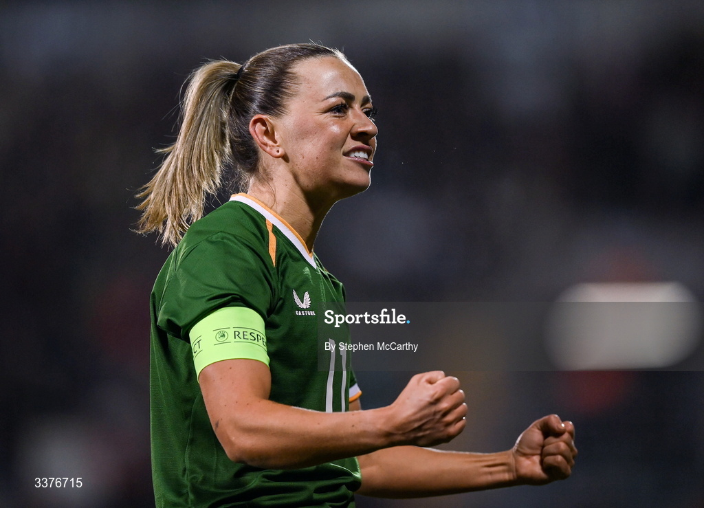 3 March 2026; Katie McCabe of Republic of Ireland celebrates after scoring her side's first goal during the 2027 FIFA Women’s World Cup Qualifier match between Republic of Ireland and France at Tallaght Stadium in Dublin. Photo by Stephen McCarthy/Sportsfile
