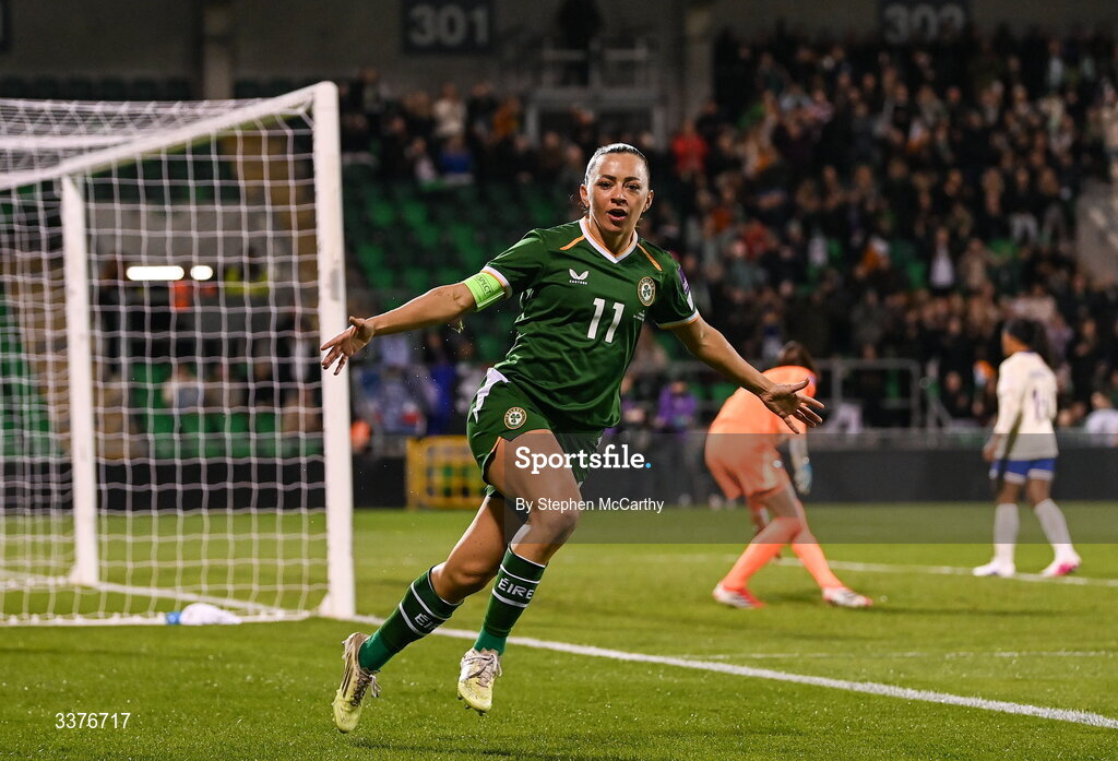 3 March 2026; Katie McCabe of Republic of Ireland celebrates after scoring her side's first goal during the 2027 FIFA Women’s World Cup Qualifier match between Republic of Ireland and France at Tallaght Stadium in Dublin. Photo by Stephen McCarthy/Sportsfile