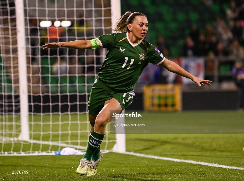 3 March 2026; Katie McCabe of Republic of Ireland celebrates after scoring her side's first goal during the 2027 FIFA Women’s World Cup Qualifier match between Republic of Ireland and France at Tallaght Stadium in Dublin. Photo by Stephen McCarthy/Sportsfile