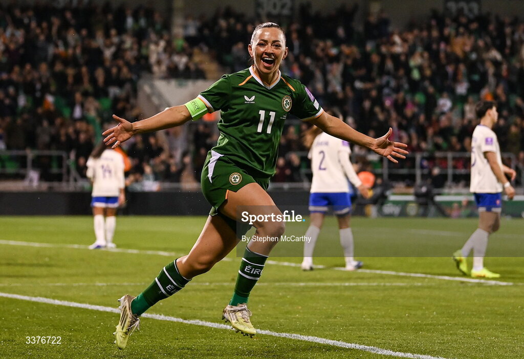 3 March 2026; Katie McCabe of Republic of Ireland celebrates after scoring her side's first goal during the 2027 FIFA Women’s World Cup Qualifier match between Republic of Ireland and France at Tallaght Stadium in Dublin. Photo by Stephen McCarthy/Sportsfile