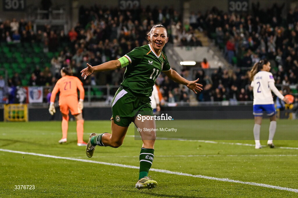 3 March 2026; Katie McCabe of Republic of Ireland celebrates after scoring her side's first goal during the 2027 FIFA Women’s World Cup Qualifier match between Republic of Ireland and France at Tallaght Stadium in Dublin. Photo by Stephen McCarthy/Sportsfile