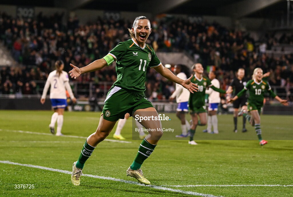 3 March 2026; Katie McCabe of Republic of Ireland celebrates after scoring her side's first goal during the 2027 FIFA Women’s World Cup Qualifier match between Republic of Ireland and France at Tallaght Stadium in Dublin. Photo by Stephen McCarthy/Sportsfile