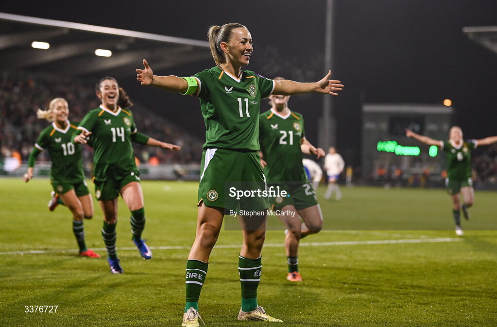 3 March 2026; Katie McCabe of Republic of Ireland celebrates after scoring her side's first goal during the 2027 FIFA Women’s World Cup Qualifier match between Republic of Ireland and France at Tallaght Stadium in Dublin. Photo by Stephen McCarthy/Sportsfile
