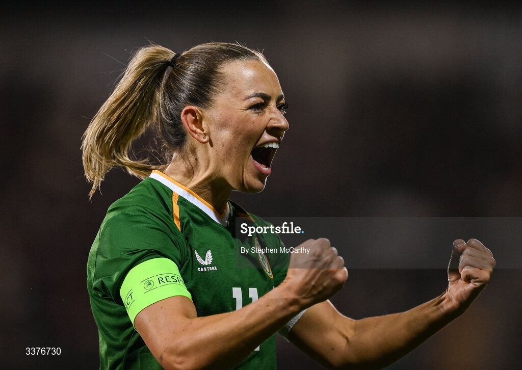 3 March 2026; Katie McCabe of Republic of Ireland celebrates after scoring her side's first goal during the 2027 FIFA Women’s World Cup Qualifier match between Republic of Ireland and France at Tallaght Stadium in Dublin. Photo by Stephen McCarthy/Sportsfile