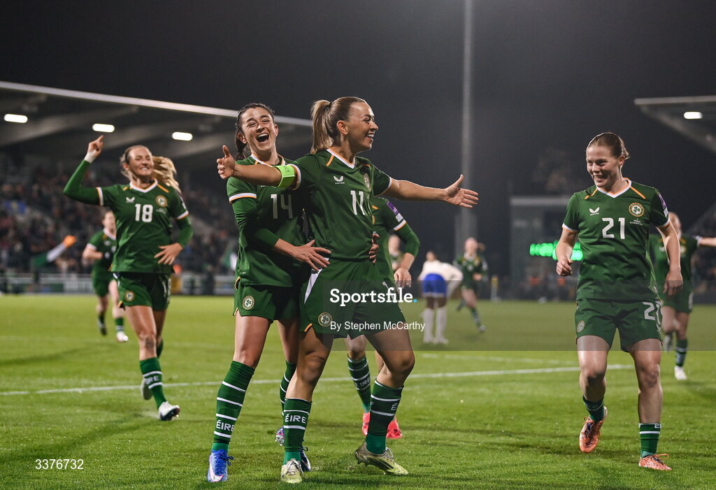 3 March 2026; Katie McCabe of Republic of Ireland celebrates with teammates including Marissa Sheva after scoring her side's first goal during the 2027 FIFA Women’s World Cup Qualifier match between Republic of Ireland and France at Tallaght Stadium in Dublin. Photo by Stephen McCarthy/Sportsfile