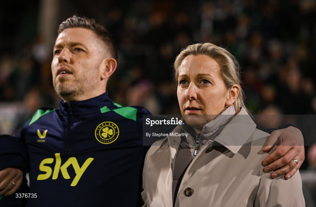 3 March 2026; Republic of Ireland head coach Carla Ward and Republic of Ireland assistant coach Gary Cronin before the 2027 FIFA Women’s World Cup Qualifier match between Republic of Ireland and France at Tallaght Stadium in Dublin. Photo by Stephen McCarthy/Sportsfile