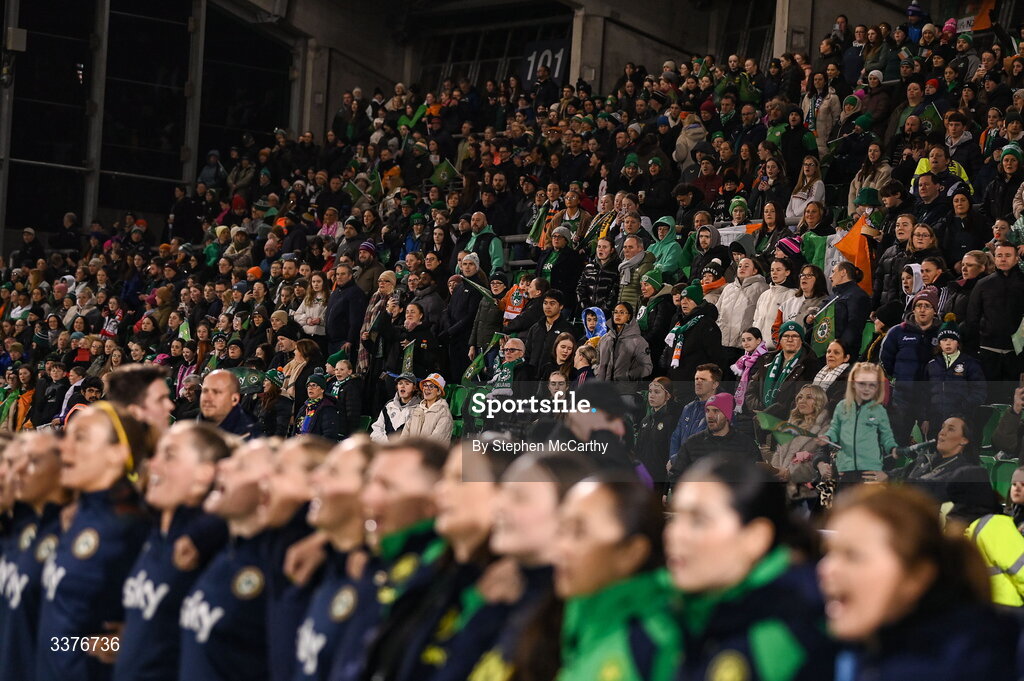 3 March 2026; Republic of Ireland supporters before the 2027 FIFA Women’s World Cup Qualifier match between Republic of Ireland and France at Tallaght Stadium in Dublin. Photo by Stephen McCarthy/Sportsfile