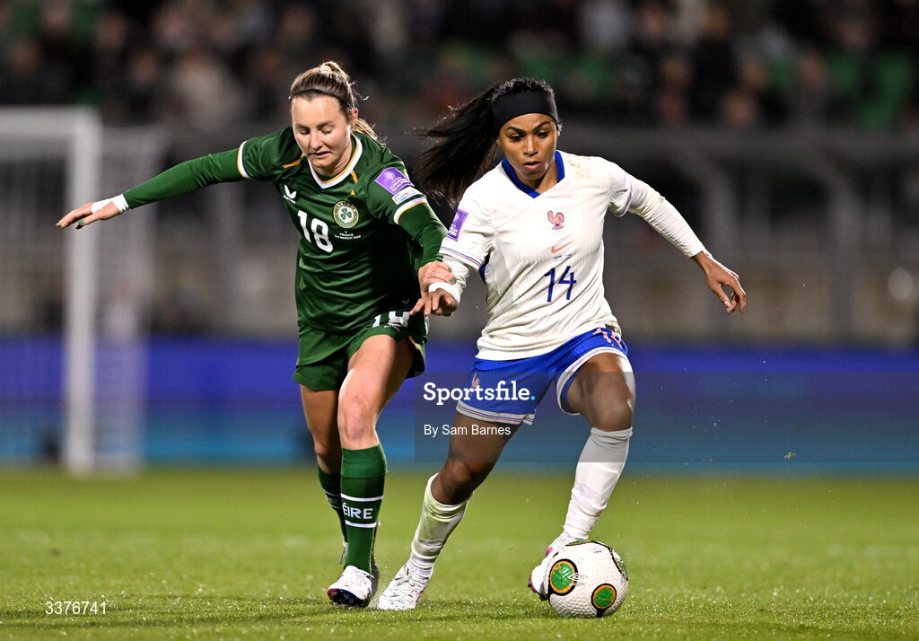 3 March 2026; Perle Morroni of France in action against Kyra Carusa of Republic of Ireland during the 2027 FIFA Women’s World Cup Qualifier match between Republic of Ireland and France at Tallaght Stadium in Dublin. Photo by Sam Barnes/Sportsfile