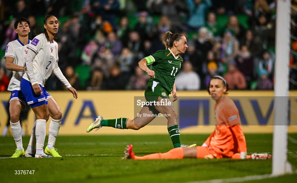 3 March 2026; Katie McCabe of Republic of Ireland celebrates after scoring her side's first goal during the 2027 FIFA Women’s World Cup Qualifier match between Republic of Ireland and France at Tallaght Stadium in Dublin. Photo by Shauna Clinton/Sportsfile