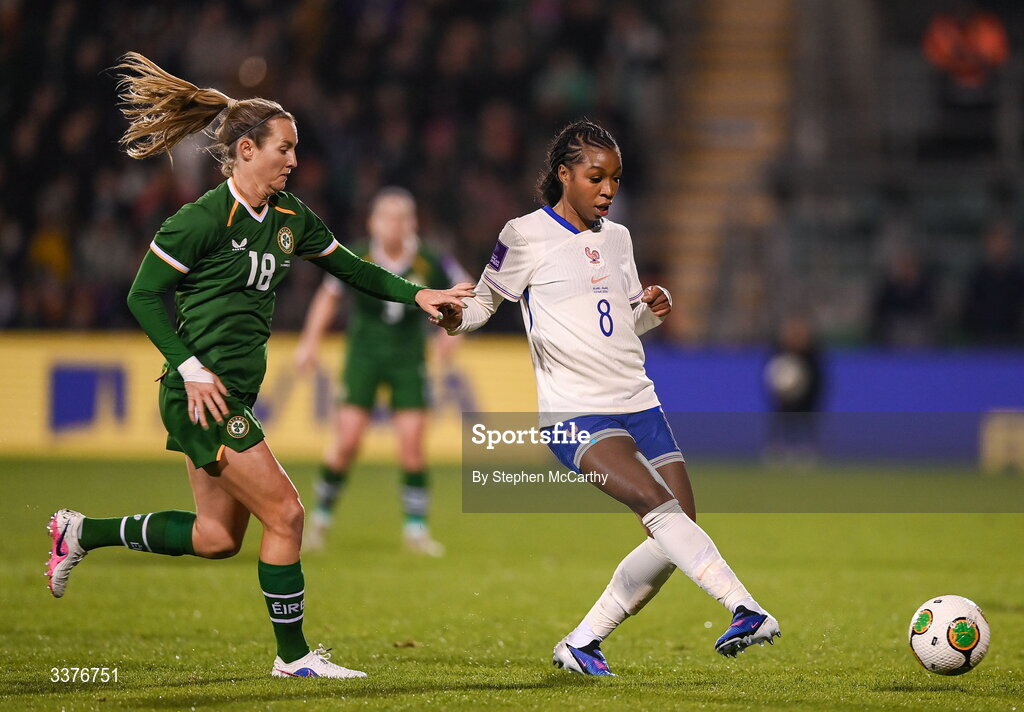 3 March 2026; Grace Geyoro of France in action against Kyra Carusa of Republic of Ireland during the 2027 FIFA Women’s World Cup Qualifier match between Republic of Ireland and France at Tallaght Stadium in Dublin. Photo by Stephen McCarthy/Sportsfile