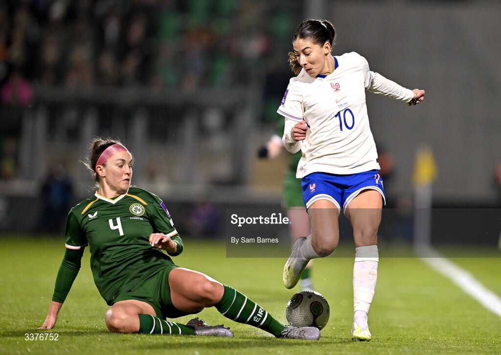 3 March 2026; Clara Mateo of France in action against Caitlin Hayes of Republic of Ireland during the 2027 FIFA Women’s World Cup Qualifier match between Republic of Ireland and France at Tallaght Stadium in Dublin. Photo by Sam Barnes/Sportsfile