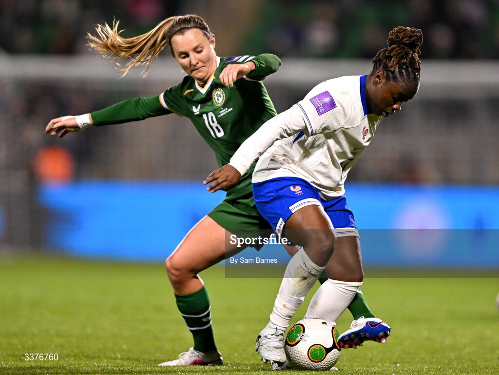 3 March 2026; Sandy Baltimore of France in action against Kyra Carusa of Republic of Ireland during the 2027 FIFA Women’s World Cup Qualifier match between Republic of Ireland and France at Tallaght Stadium in Dublin. Photo by Sam Barnes/Sportsfile