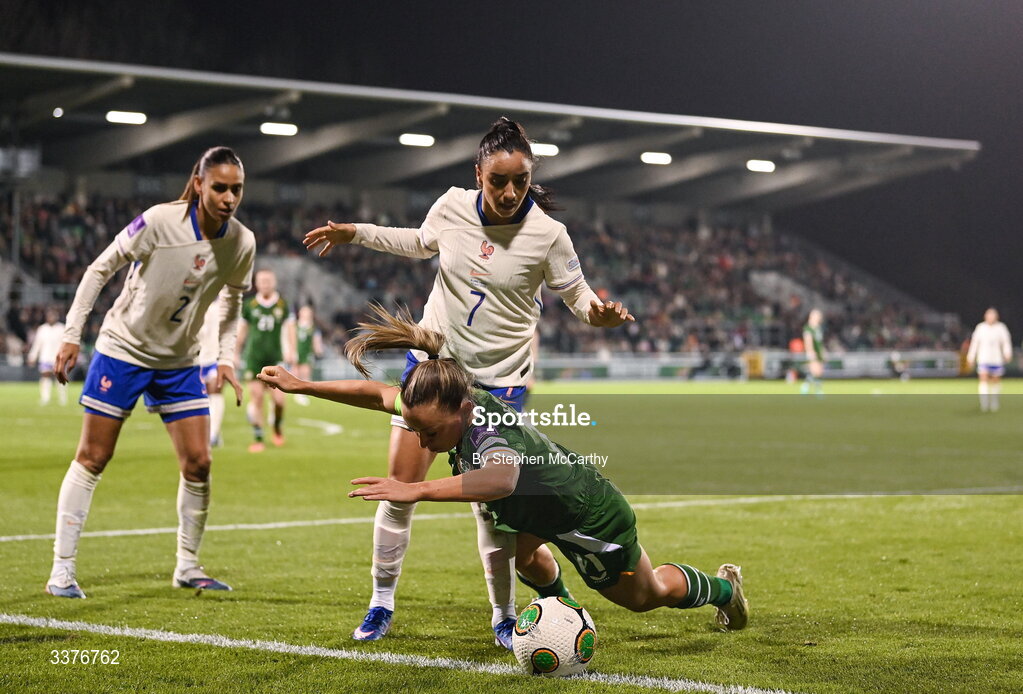 3 March 2026; Katie McCabe of Republic of Ireland in action against Sakina Karchaoui of France during the 2027 FIFA Women’s World Cup Qualifier match between Republic of Ireland and France at Tallaght Stadium in Dublin. Photo by Stephen McCarthy/Sportsfile