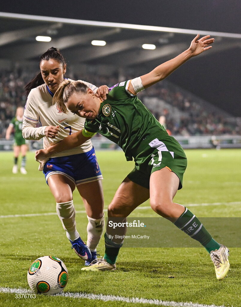 3 March 2026; Katie McCabe of Republic of Ireland in action against Sakina Karchaoui of France during the 2027 FIFA Women’s World Cup Qualifier match between Republic of Ireland and France at Tallaght Stadium in Dublin. Photo by Stephen McCarthy/Sportsfile