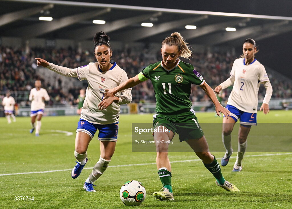 3 March 2026; Katie McCabe of Republic of Ireland in action against Sakina Karchaoui of France during the 2027 FIFA Women’s World Cup Qualifier match between Republic of Ireland and France at Tallaght Stadium in Dublin. Photo by Stephen McCarthy/Sportsfile