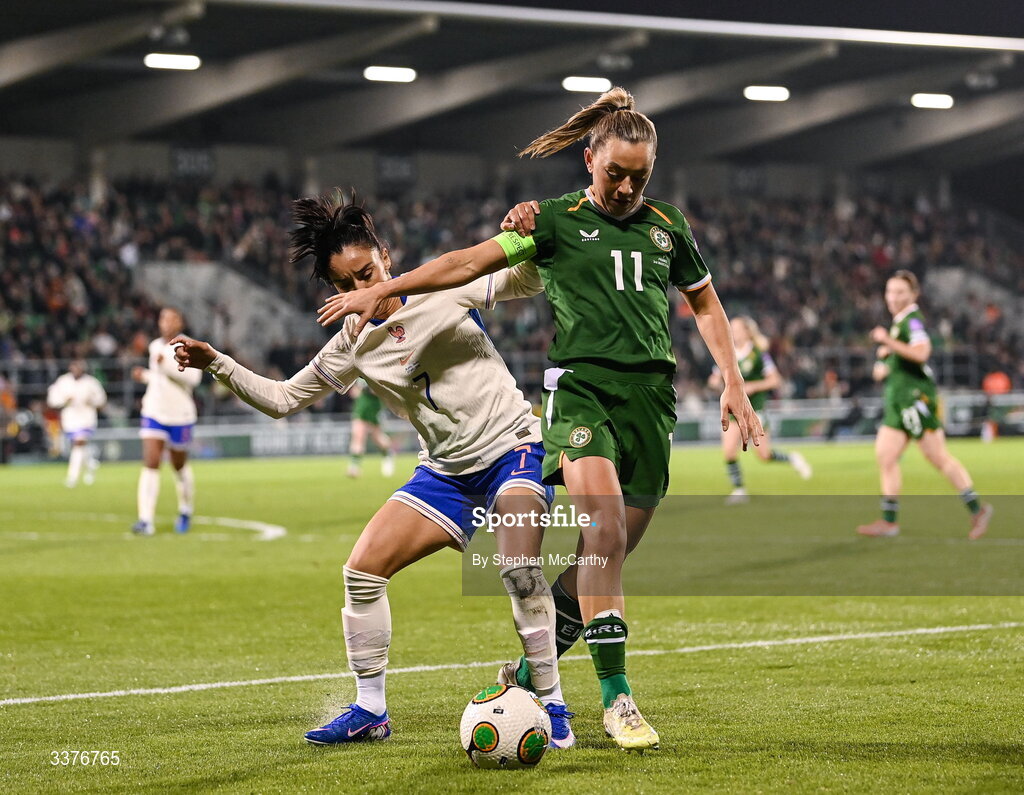 3 March 2026; Katie McCabe of Republic of Ireland in action against Sakina Karchaoui of France during the 2027 FIFA Women’s World Cup Qualifier match between Republic of Ireland and France at Tallaght Stadium in Dublin. Photo by Stephen McCarthy/Sportsfile