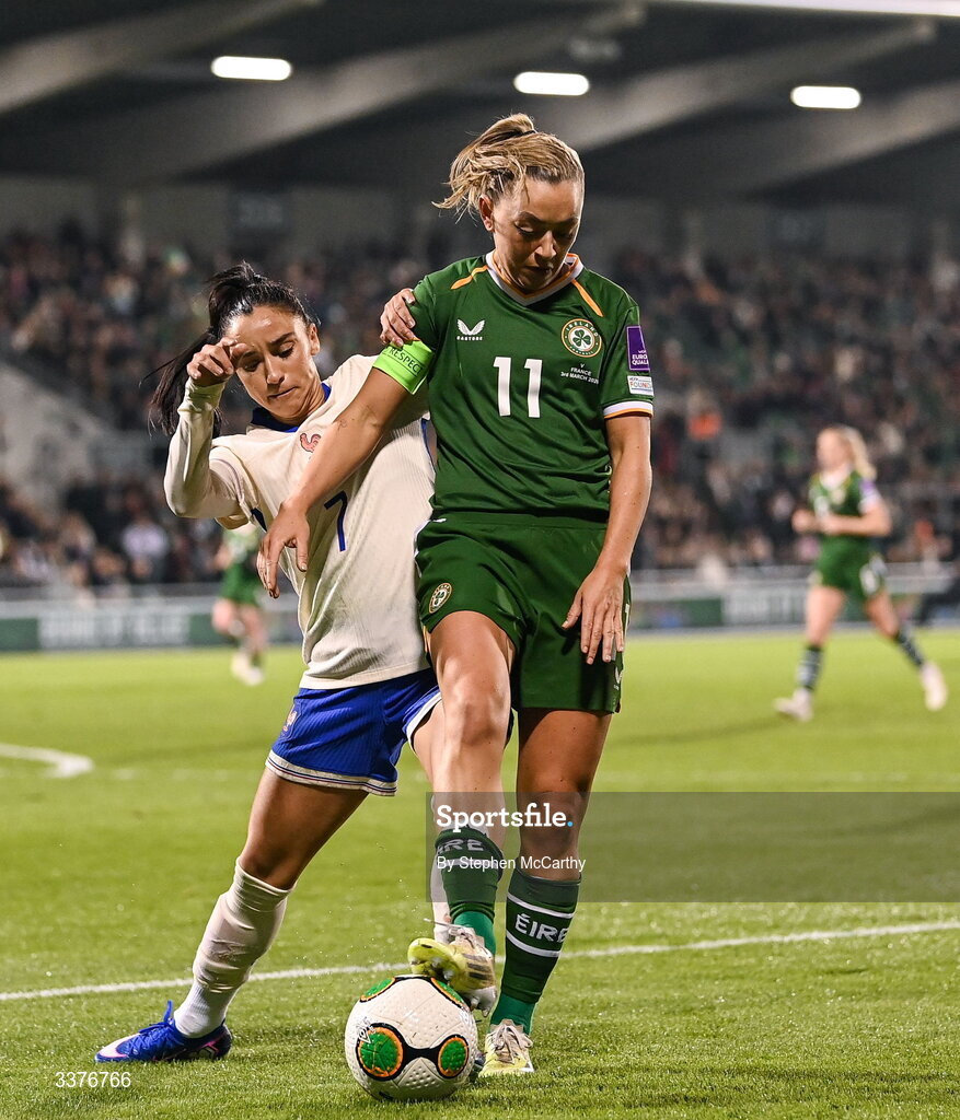 3 March 2026; Katie McCabe of Republic of Ireland in action against Sakina Karchaoui of France during the 2027 FIFA Women’s World Cup Qualifier match between Republic of Ireland and France at Tallaght Stadium in Dublin. Photo by Stephen McCarthy/Sportsfile