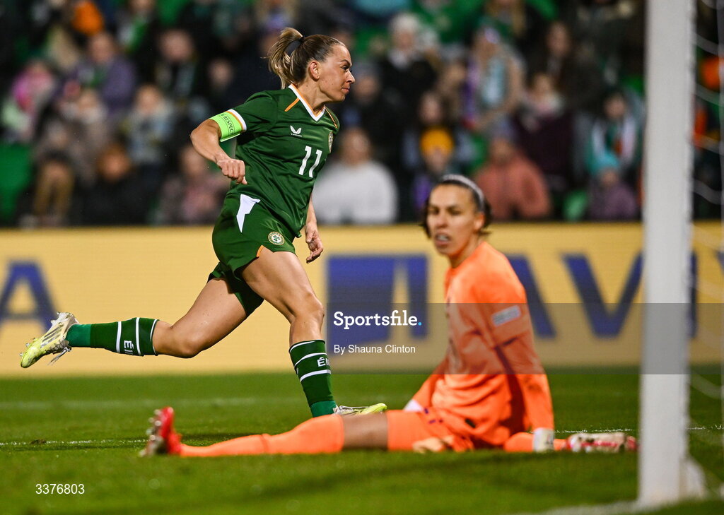 3 March 2026; Katie McCabe of Republic of Ireland celebrates after scoring her side's first goal during the 2027 FIFA Women’s World Cup Qualifier match between Republic of Ireland and France at Tallaght Stadium in Dublin. Photo by Shauna Clinton/Sportsfile
