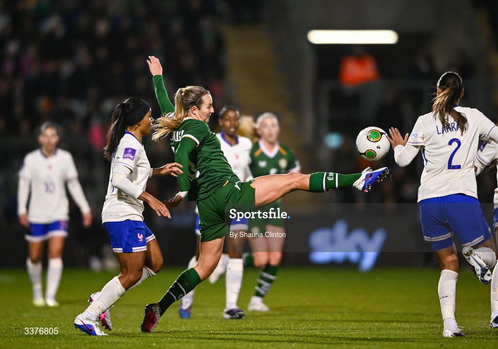 3 March 2026; Kyra Carusa of Republic of Ireland in action against Maëlle Lakrar of France during the 2027 FIFA Women’s World Cup Qualifier match between Republic of Ireland and France at Tallaght Stadium in Dublin. Photo by Shauna Clinton/Sportsfile