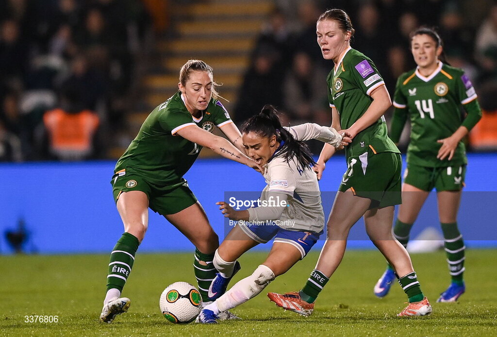 3 March 2026; Sakina Karchaoui of France in action against Megan Connolly of Republic of Ireland during the 2027 FIFA Women’s World Cup Qualifier match between Republic of Ireland and France at Tallaght Stadium in Dublin. Photo by Stephen McCarthy/Sportsfile