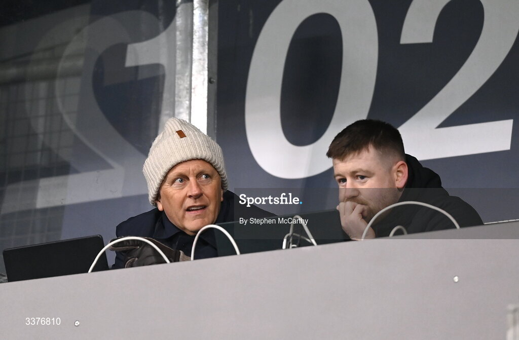 3 March 2026; Republic of Ireland head coach Heimir Hallgrimsson, left, and performance analyst Shane Power look on during the 2027 FIFA Women’s World Cup Qualifier match between Republic of Ireland and France at Tallaght Stadium in Dublin. Photo by Stephen McCarthy/Sportsfile