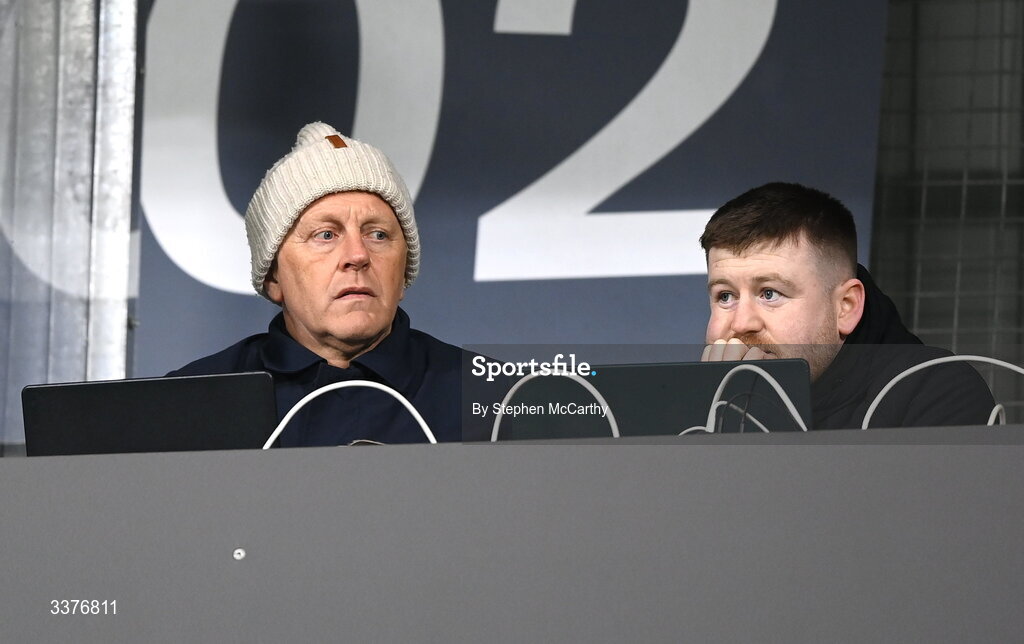 3 March 2026; Republic of Ireland head coach Heimir Hallgrimsson, left, and performance analyst Shane Power look on during the 2027 FIFA Women’s World Cup Qualifier match between Republic of Ireland and France at Tallaght Stadium in Dublin. Photo by Stephen McCarthy/Sportsfile