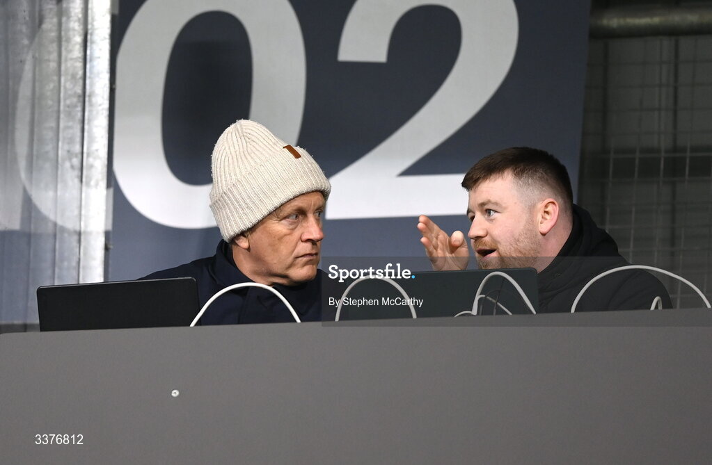 3 March 2026; Republic of Ireland head coach Heimir Hallgrimsson, left, and performance analyst Shane Power look on during the 2027 FIFA Women’s World Cup Qualifier match between Republic of Ireland and France at Tallaght Stadium in Dublin. Photo by Stephen McCarthy/Sportsfile