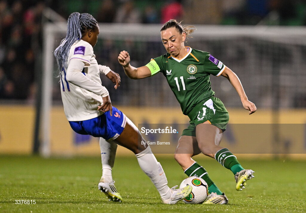 3 March 2026; Katie McCabe of Republic of Ireland in action against Kadidiatou Diani of France during the 2027 FIFA Women’s World Cup Qualifier match between Republic of Ireland and France at Tallaght Stadium in Dublin. Photo by Sam Barnes/Sportsfile