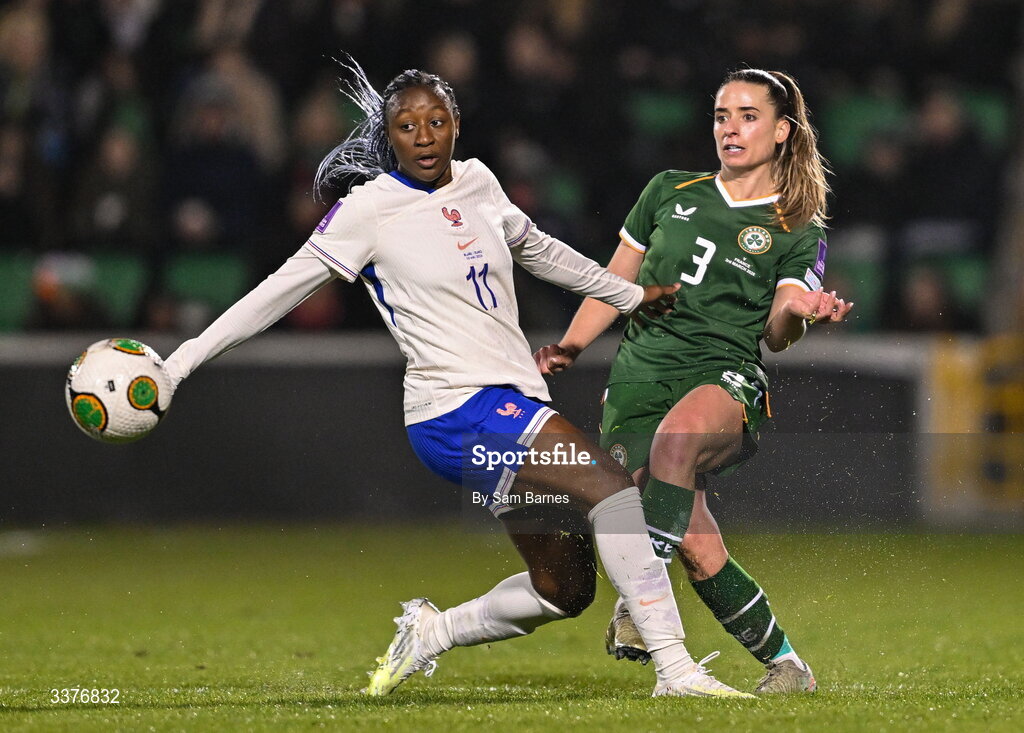 3 March 2026; Chloe Mustaki of Republic of Ireland in action against Kadidiatou Diani of France during the 2027 FIFA Women’s World Cup Qualifier match between Republic of Ireland and France at Tallaght Stadium in Dublin. Photo by Sam Barnes/Sportsfile