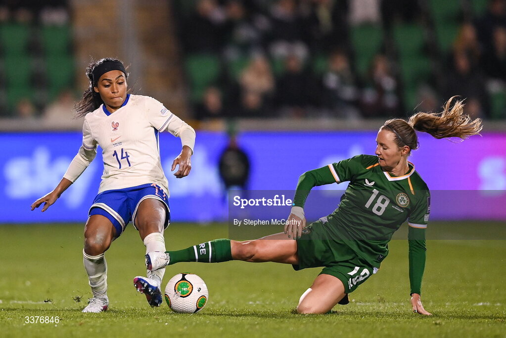 3 March 2026; Perle Morroni of France in action against Kyra Carusa of Republic of Ireland during the 2027 FIFA Women’s World Cup Qualifier match between Republic of Ireland and France at Tallaght Stadium in Dublin. Photo by Stephen McCarthy/Sportsfile