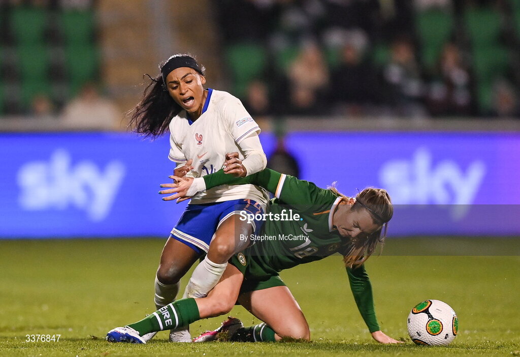 3 March 2026; Perle Morroni of France in action against Kyra Carusa of Republic of Ireland during the 2027 FIFA Women’s World Cup Qualifier match between Republic of Ireland and France at Tallaght Stadium in Dublin. Photo by Stephen McCarthy/Sportsfile