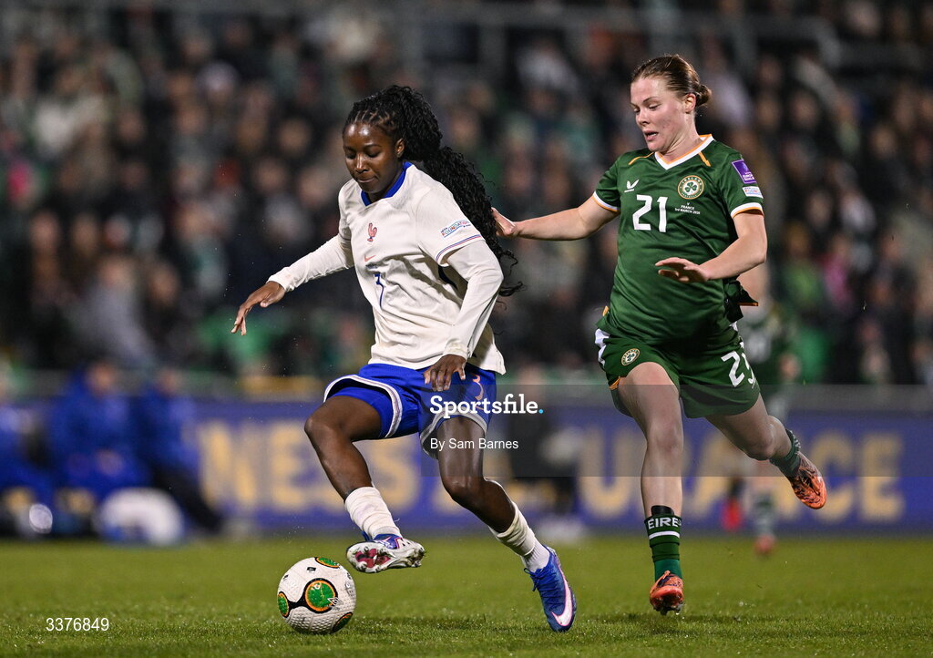 3 March 2026; Thiniba Samoura of France in action against Emily Murphy of Republic of Ireland during the 2027 FIFA Women’s World Cup Qualifier match between Republic of Ireland and France at Tallaght Stadium in Dublin. Photo by Sam Barnes/Sportsfile