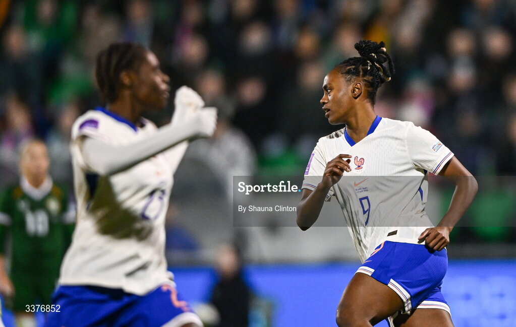 3 March 2026; Melvine Malard of France celebrates after scoring her side's first goal during the 2027 FIFA Women’s World Cup Qualifier match between Republic of Ireland and France at Tallaght Stadium in Dublin. Photo by Shauna Clinton/Sportsfile