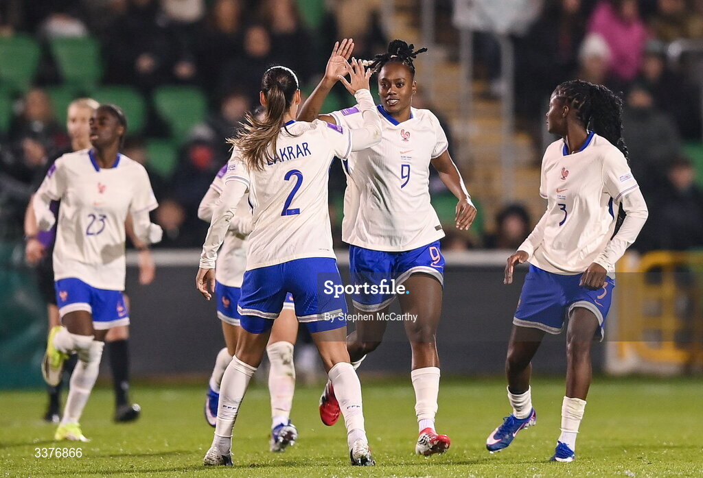 3 March 2026; Melvine Malard of France, right, celebrates with teammate Maëlle Lakrar after scoring her side's first goal during the 2027 FIFA Women’s World Cup Qualifier match between Republic of Ireland and France at Tallaght Stadium in Dublin. Photo by Stephen McCarthy/Sportsfile