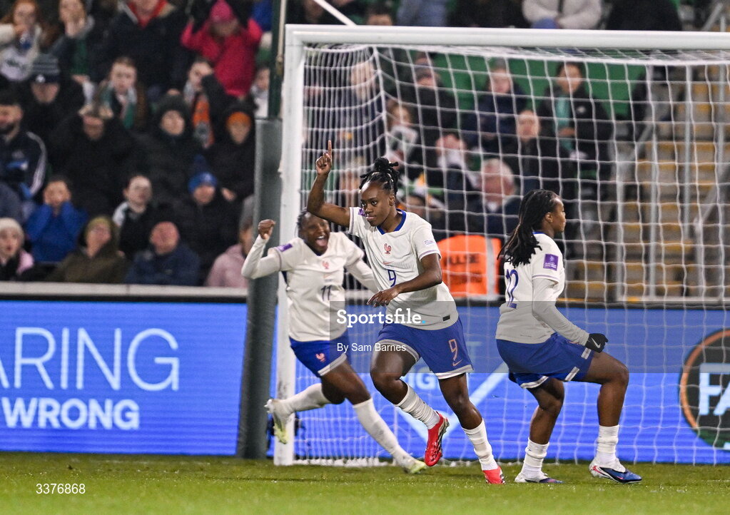 3 March 2026; Melvine Malard of France celebrates after scoring her side's first goal during the 2027 FIFA Women’s World Cup Qualifier match between Republic of Ireland and France at Tallaght Stadium in Dublin. Photo by Sam Barnes/Sportsfile