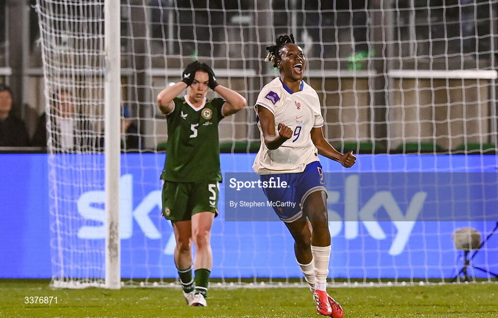 3 March 2026; Melvine Malard of France celebrates after scoring her side's second goal during the 2027 FIFA Women’s World Cup Qualifier match between Republic of Ireland and France at Tallaght Stadium in Dublin. Photo by Stephen McCarthy/Sportsfile