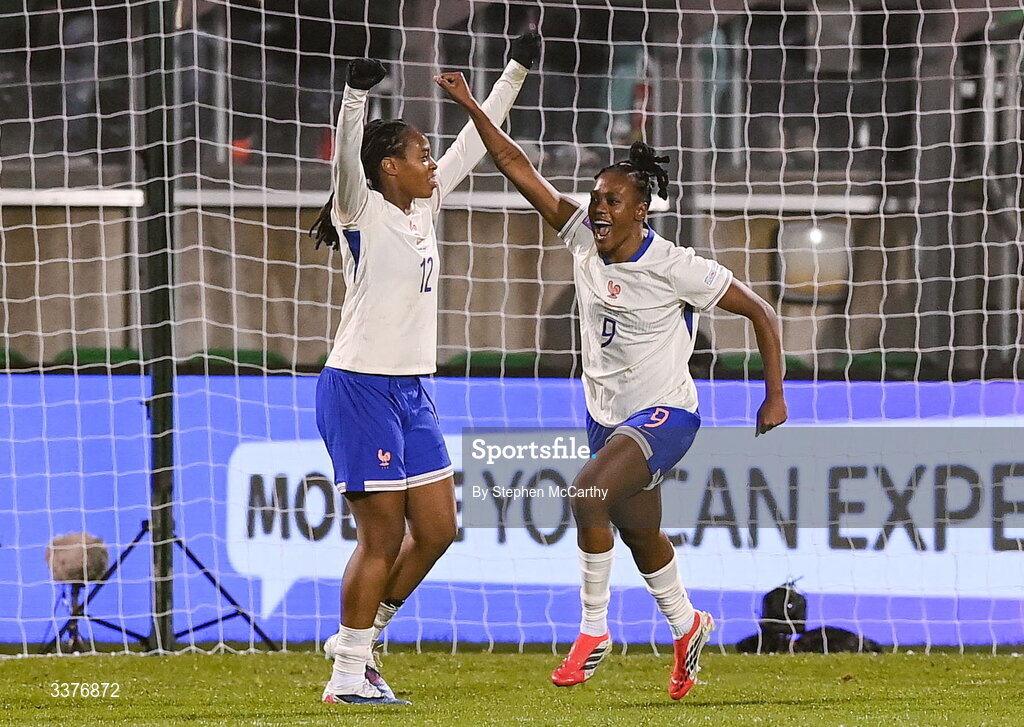 3 March 2026; Melvine Malard of France celebrates after scoring her side's second goal during the 2027 FIFA Women’s World Cup Qualifier match between Republic of Ireland and France at Tallaght Stadium in Dublin. Photo by Stephen McCarthy/Sportsfile