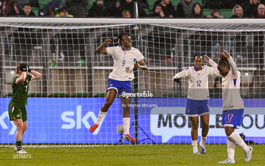 3 March 2026; Melvine Malard of France celebrates after scoring her side's second goal during the 2027 FIFA Women’s World Cup Qualifier match between Republic of Ireland and France at Tallaght Stadium in Dublin. Photo by Stephen McCarthy/Sportsfile