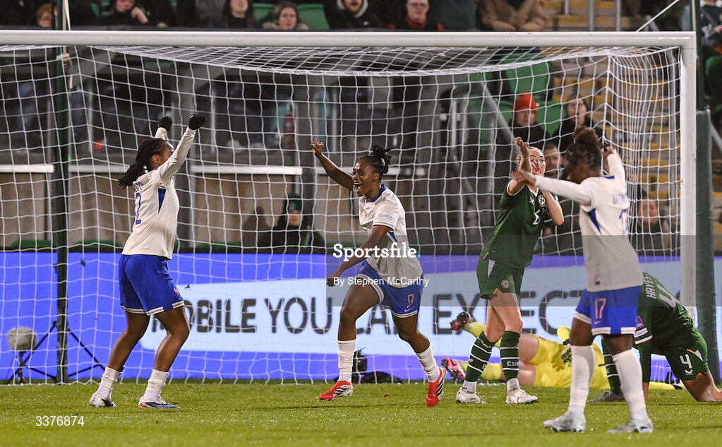 3 March 2026; Melvine Malard of France celebrates after scoring her side's second goal during the 2027 FIFA Women’s World Cup Qualifier match between Republic of Ireland and France at Tallaght Stadium in Dublin. Photo by Stephen McCarthy/Sportsfile