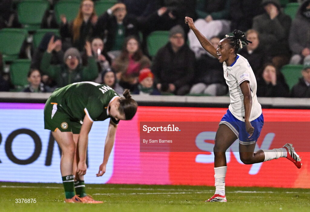 3 March 2026; Melvine Malard of France celebrates after scoring her side's second goal during the 2027 FIFA Women’s World Cup Qualifier match between Republic of Ireland and France at Tallaght Stadium in Dublin. Photo by Sam Barnes/Sportsfile