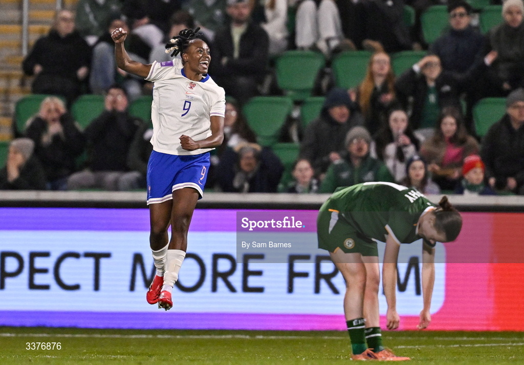 3 March 2026; Melvine Malard of France celebrates after scoring her side's second goal during the 2027 FIFA Women’s World Cup Qualifier match between Republic of Ireland and France at Tallaght Stadium in Dublin. Photo by Sam Barnes/Sportsfile