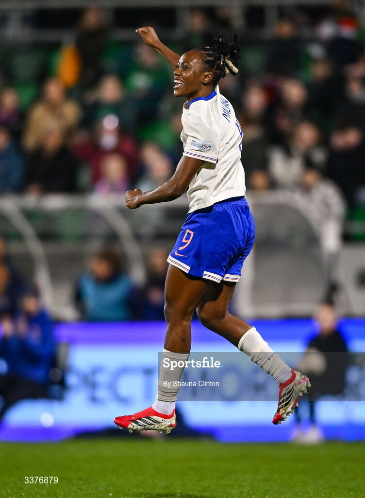 3 March 2026; Melvine Malard of France celebrates after scoring her side's second goal during the 2027 FIFA Women’s World Cup Qualifier match between Republic of Ireland and France at Tallaght Stadium in Dublin. Photo by Shauna Clinton/Sportsfile