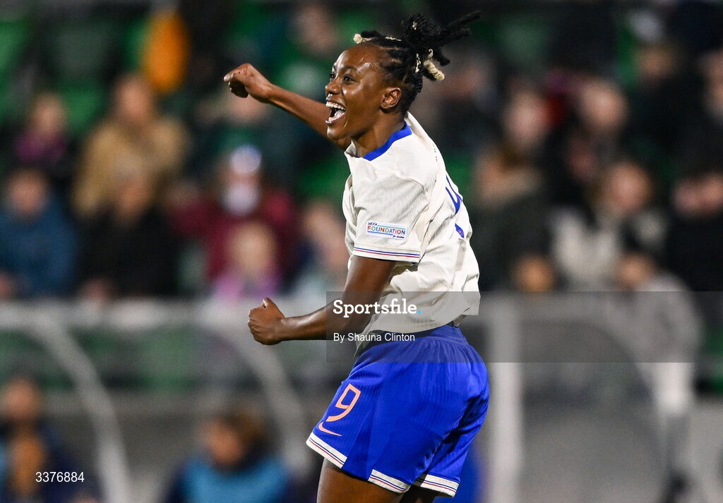 3 March 2026; Melvine Malard of France celebrates after scoring her side's second goal during the 2027 FIFA Women’s World Cup Qualifier match between Republic of Ireland and France at Tallaght Stadium in Dublin. Photo by Shauna Clinton/Sportsfile