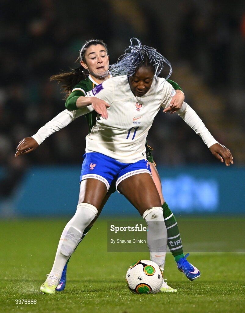 3 March 2026; Kadidiatou Diani of France in action against Marissa Sheva of Republic of Ireland during the 2027 FIFA Women’s World Cup Qualifier match between Republic of Ireland and France at Tallaght Stadium in Dublin. Photo by Shauna Clinton/Sportsfile
