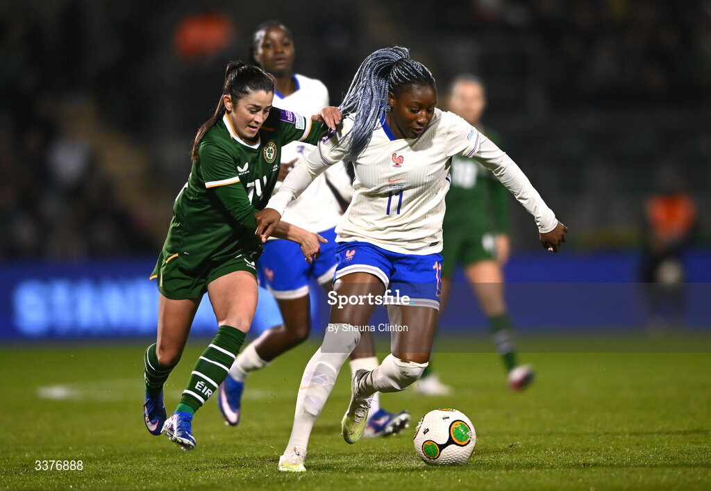 3 March 2026; Kadidiatou Diani of France in action against Marissa Sheva of Republic of Ireland during the 2027 FIFA Women’s World Cup Qualifier match between Republic of Ireland and France at Tallaght Stadium in Dublin. Photo by Shauna Clinton/Sportsfile
