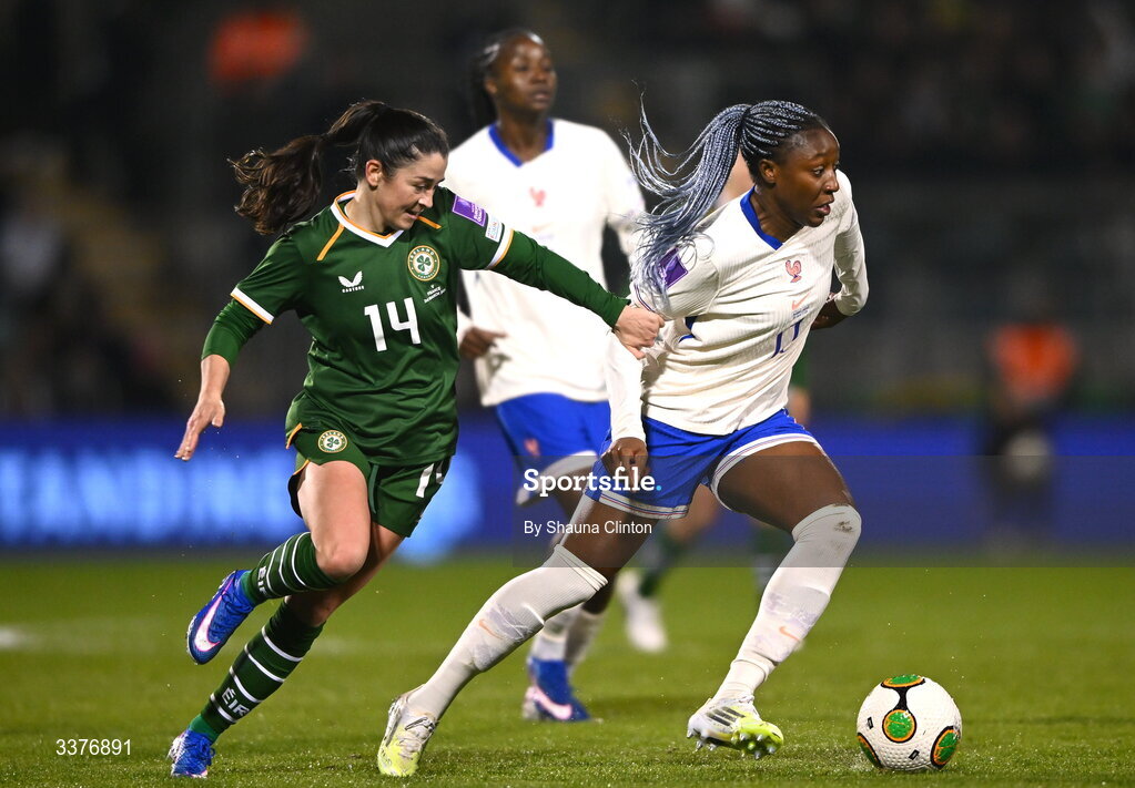 3 March 2026; Kadidiatou Diani of France in action against Marissa Sheva of Republic of Ireland during the 2027 FIFA Women’s World Cup Qualifier match between Republic of Ireland and France at Tallaght Stadium in Dublin. Photo by Shauna Clinton/Sportsfile