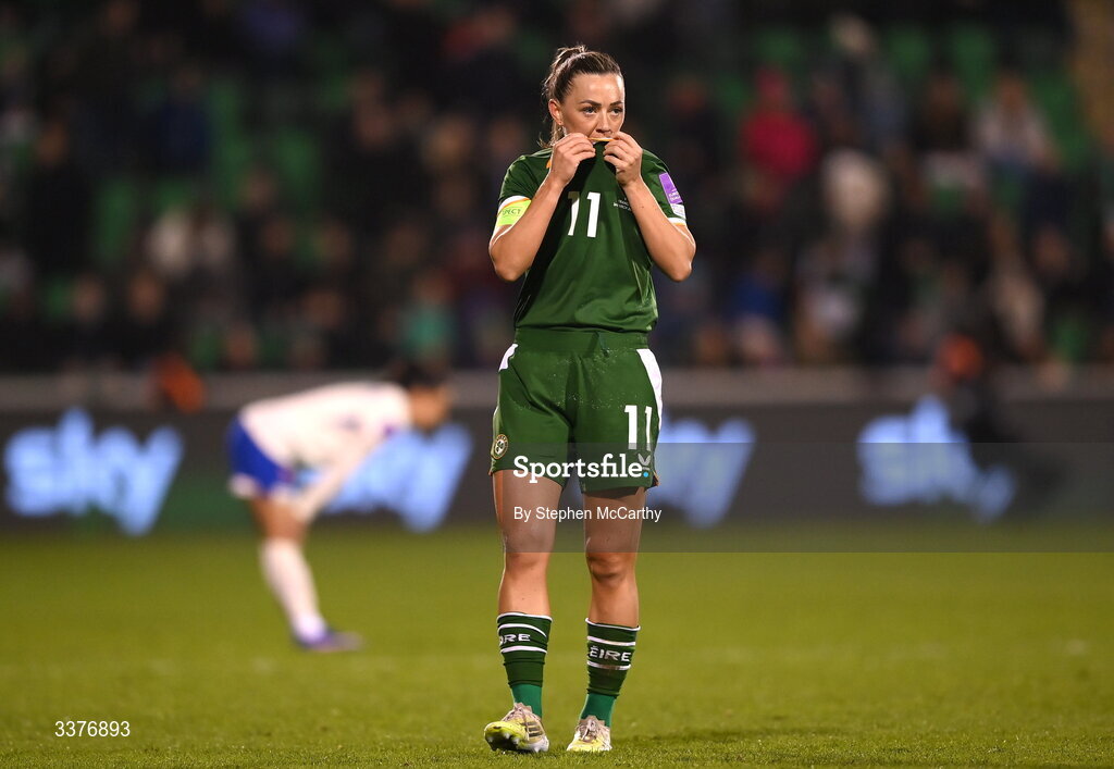3 March 2026; Katie McCabe of Republic of Ireland reacts after her side's defeat in the 2027 FIFA Women’s World Cup Qualifier match between Republic of Ireland and France at Tallaght Stadium in Dublin. Photo by Stephen McCarthy/Sportsfile