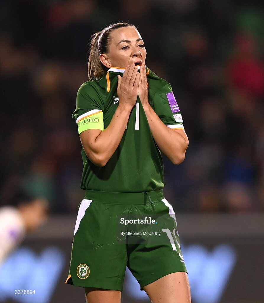 3 March 2026; Katie McCabe of Republic of Ireland reacts after her side's defeat in the 2027 FIFA Women’s World Cup Qualifier match between Republic of Ireland and France at Tallaght Stadium in Dublin. Photo by Stephen McCarthy/Sportsfile