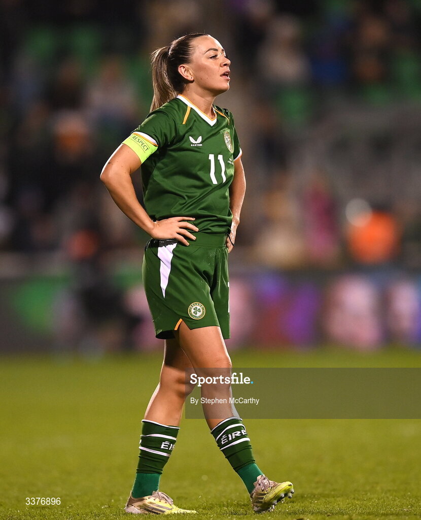 3 March 2026; Katie McCabe of Republic of Ireland reacts after her side's defeat in the 2027 FIFA Women’s World Cup Qualifier match between Republic of Ireland and France at Tallaght Stadium in Dublin. Photo by Stephen McCarthy/Sportsfile